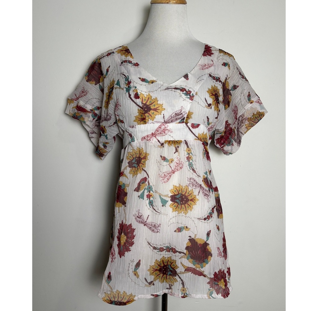 Tramp Womens VTG Y2K Silk Babydoll Top Small Sheer Forest Fairy Floral Dragonfly